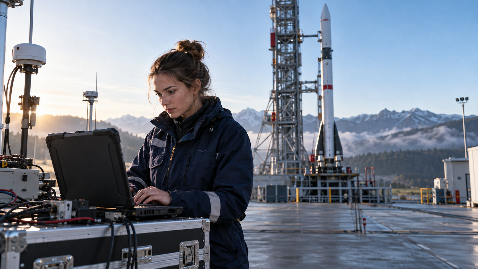 Studentin mit Laptop vor einem Raketenstart